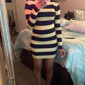 Navy blue, white, and yellow long sleeve mini dress